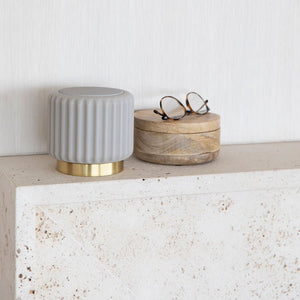 Dentelles Portable Speaker 12.5cm | Grey/Gold Base by ATELIER PIERRE (dentelles-grey-speaker-light-usb-recharge-gold-base-12-5-x-13-55cm)