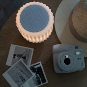 Dentelles Speaker + Light 12.5cm | White/Gold Base by ATELIER PIERRE (dentelles-white-speaker-light-usb-recharge-gold-base-12-5-x-13-55cm)