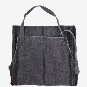 Striped Apron w/fringe | Dark Grey by MADAM STOLTZ (stonewashed-cotton-apron-w-stripes-fringe-grey-blk)