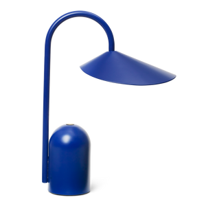 Arum portable Blue table lamp with curved arm on a white background