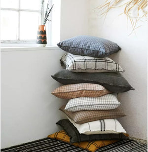 Checked Linen Cushion Cover | Taupe/Black by MADAM STOLTZ (madam-stoltz-checked-linen-cushion-cover-w-fringe-taupe-black)