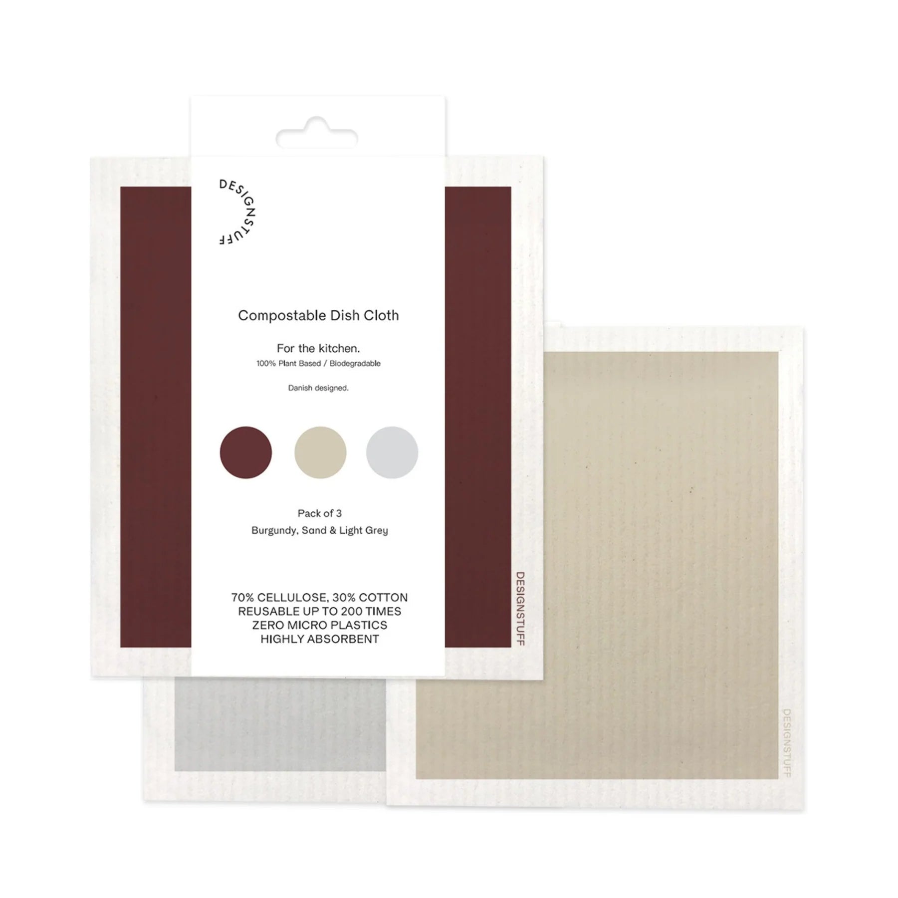 Compostable Eco Dishcloth Pack of 3 | Burgundy/Sand/Light by DESIGNSTUFF (compostable-eco-dishcloth-pack-of-3-burgundy-sand-light)