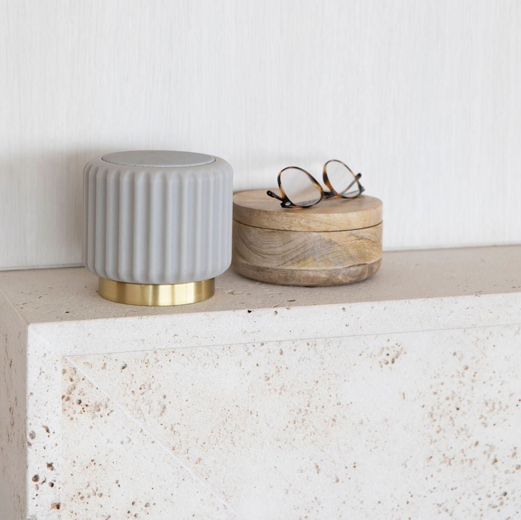 Dentelles Portable Speaker 12.5cm | Grey/Gold Base by ATELIER PIERRE (dentelles-grey-speaker-light-usb-recharge-gold-base-12-5-x-13-55cm)