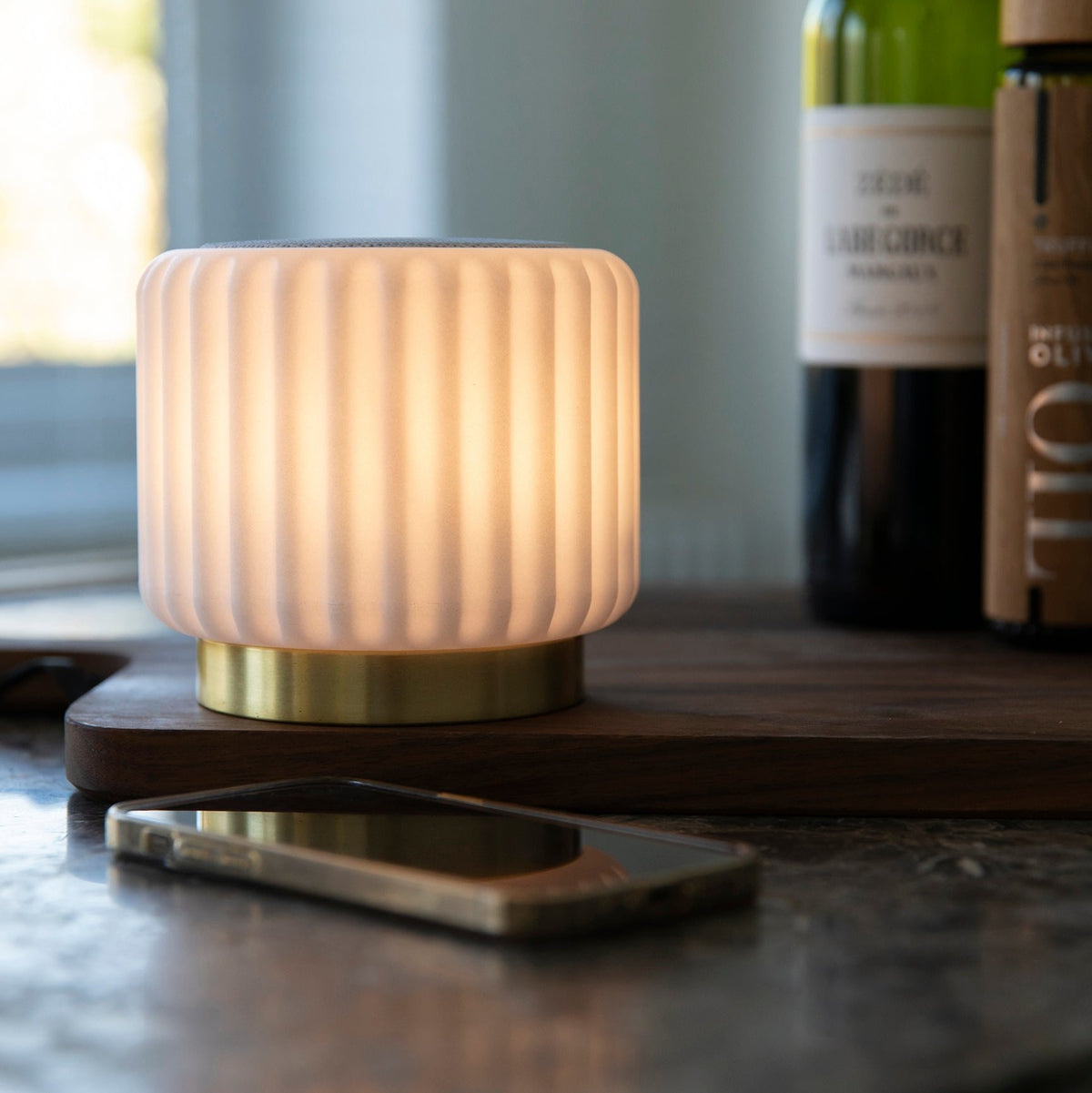 Dentelles Speaker + Light 12.5cm | White/Gold Base by ATELIER PIERRE (dentelles-white-speaker-light-usb-recharge-gold-base-12-5-x-13-55cm)