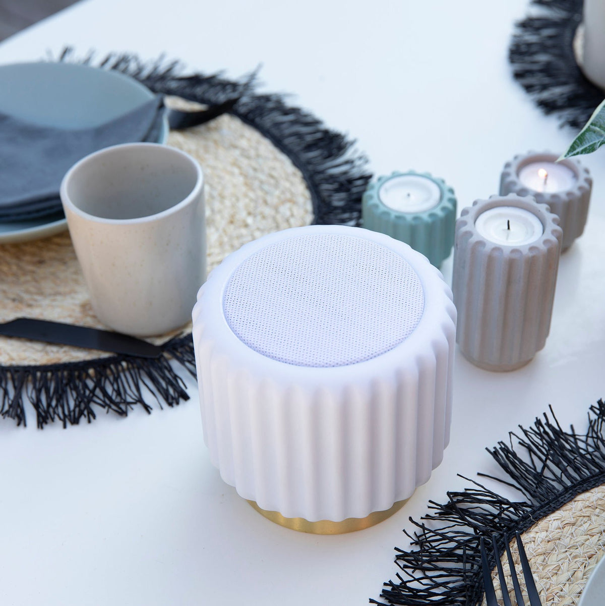 Dentelles Speaker + Light 12.5cm | White/Gold Base by ATELIER PIERRE (dentelles-white-speaker-light-usb-recharge-gold-base-12-5-x-13-55cm)