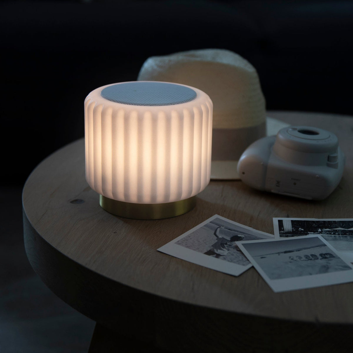 Dentelles Speaker + Light 12.5cm | White/Gold Base by ATELIER PIERRE (dentelles-white-speaker-light-usb-recharge-gold-base-12-5-x-13-55cm)