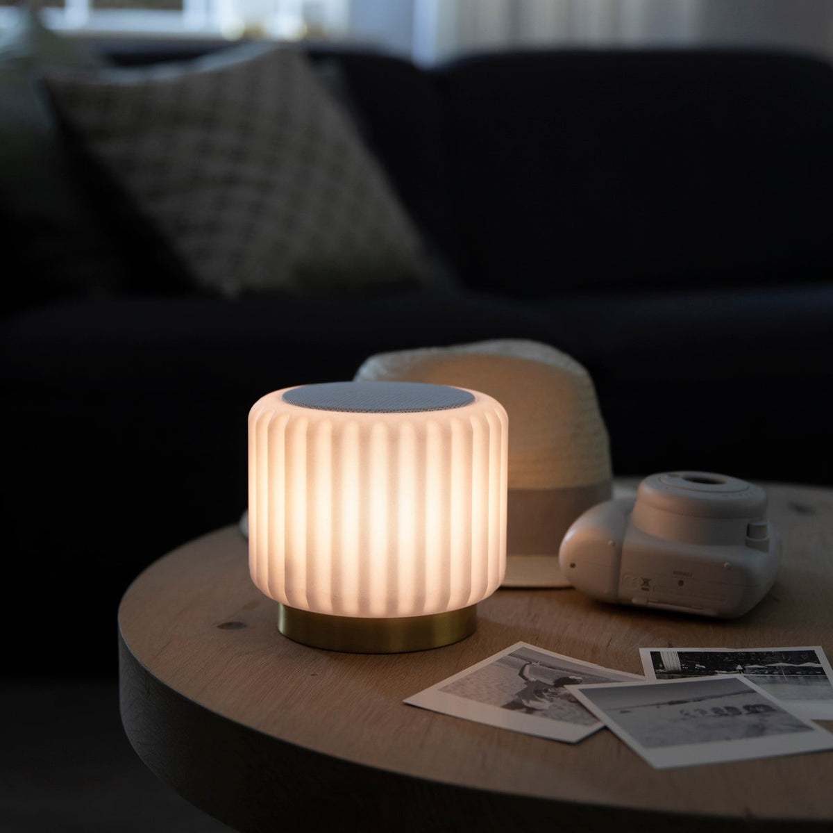 Dentelles Speaker + Light 12.5cm | White/Gold Base by ATELIER PIERRE (dentelles-white-speaker-light-usb-recharge-gold-base-12-5-x-13-55cm)