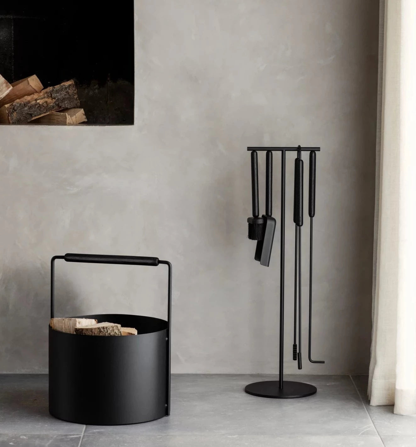 ASHI 5 Piece Standing Fireplace Tool Set | Black Oak by BLOMUS (ashi-fireplace-tool-set-standing-5pcs-black-oak)