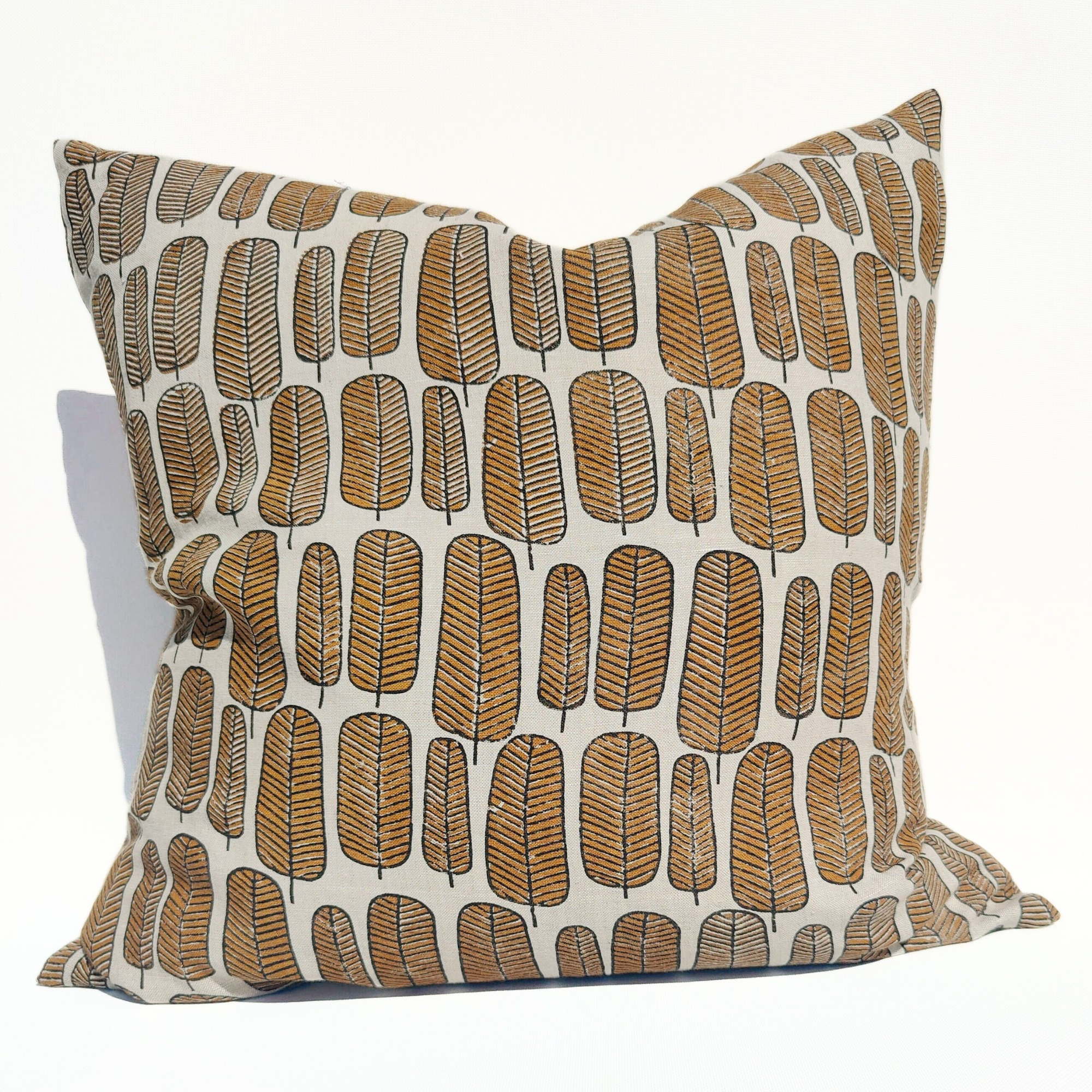 Enchanted Forest Finch Feather Linen Cushion | Deep Ochre