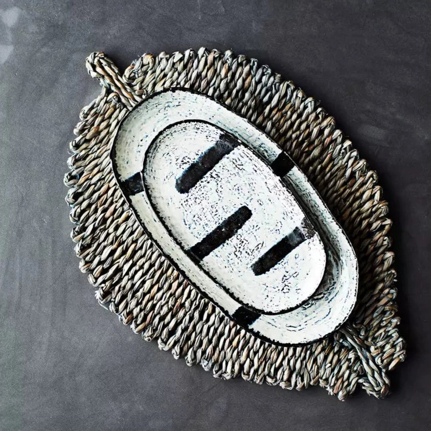 Oval Stoneware Platter 33cm | Stone/Ink by MADAM STOLTZ (copy-of-madam-stoltz-stoneware-candle-holder-27-5cm-off-white)