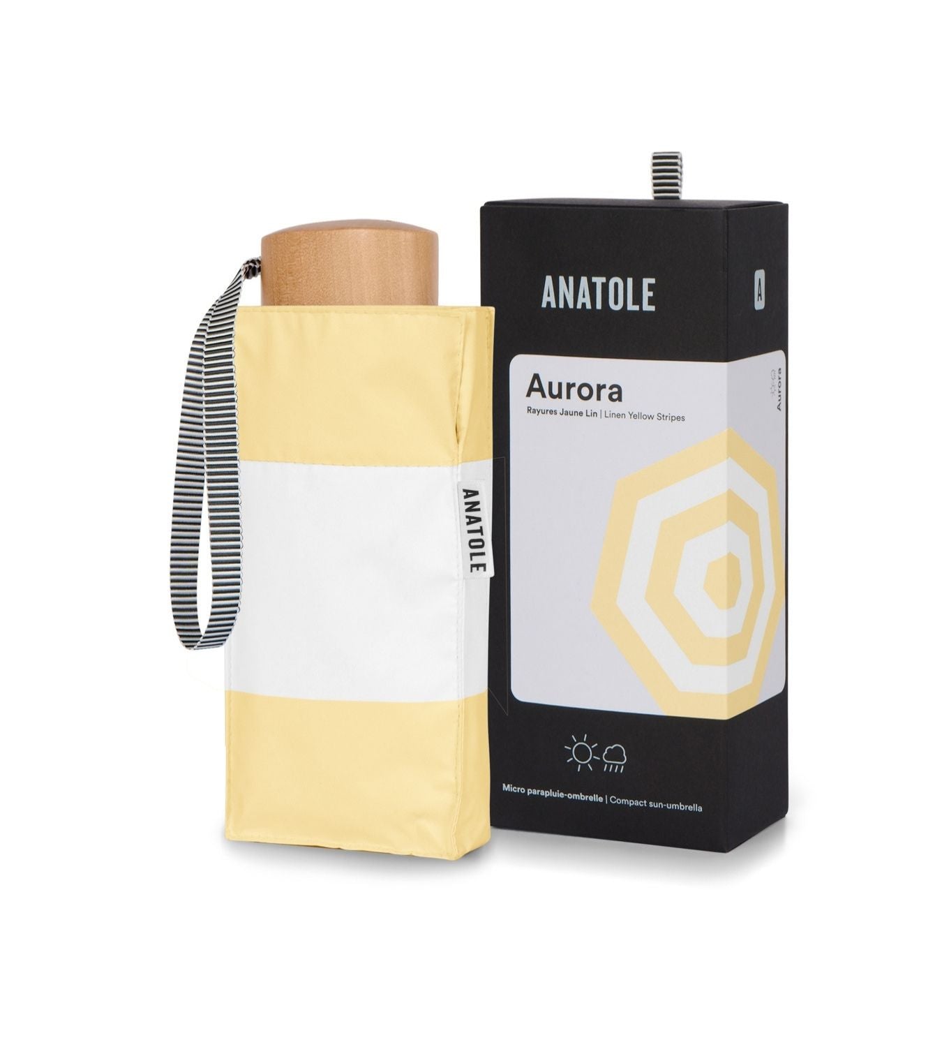 Yellow and white umbrella with 'Anatole' packaging on a white background