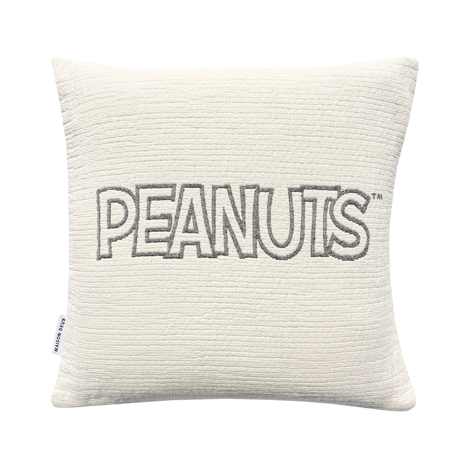 Decorative pillow with a peanuts character holding a tennis racket on a white background