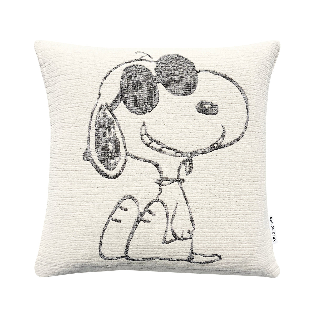 Decorative pillow with a peanuts character holding a tennis racket on a white background