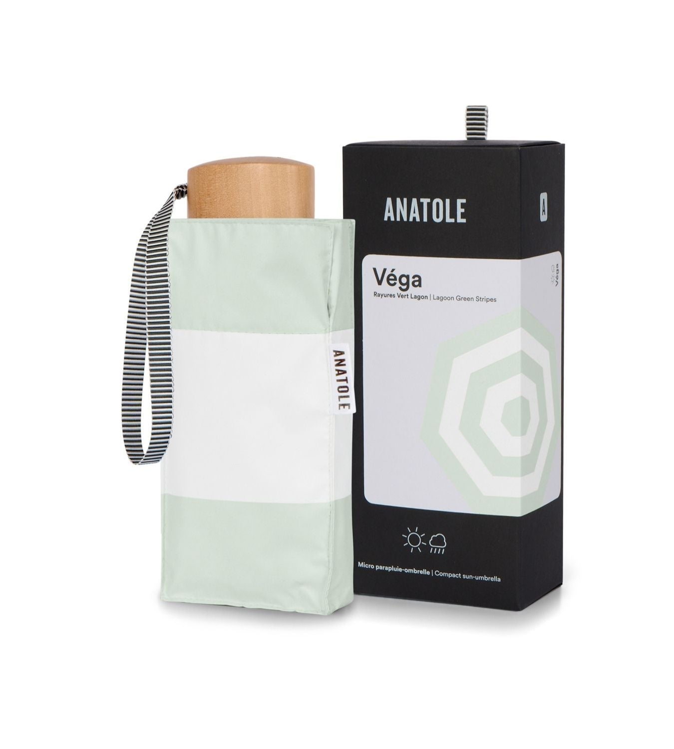 UPF 50+ Sun & Rain Micro Umbrella | Véga/Lagoon Green Stripes by ANATOLE (micro-umbrella-uv-50-protection-sun-rain-lagoon-green-stripes-vegai)