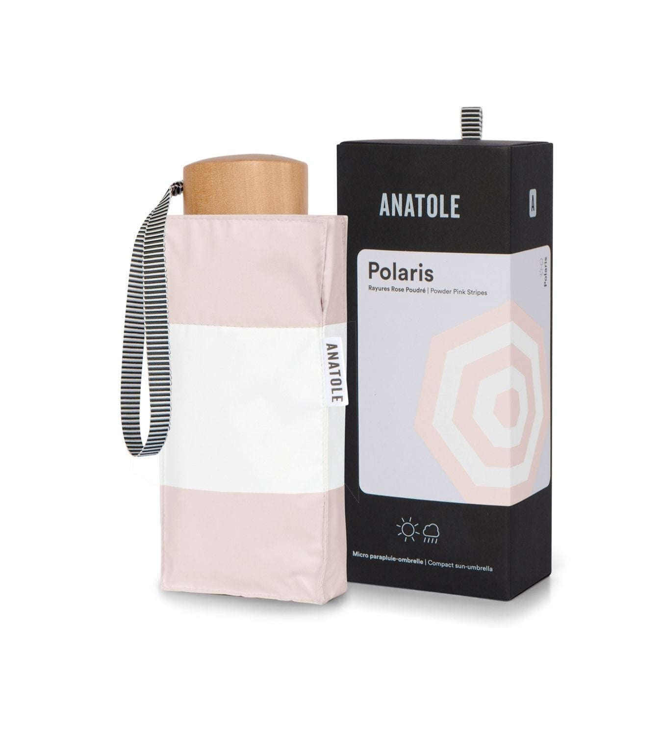 UPF 50+ Sun & Rain Micro Umbrella | POLARIS/Powder Pink Stripes by ANATOLE (micro-umbrella-uv-50-protection-sun-rain-powder-pink-stripes-polarisi)