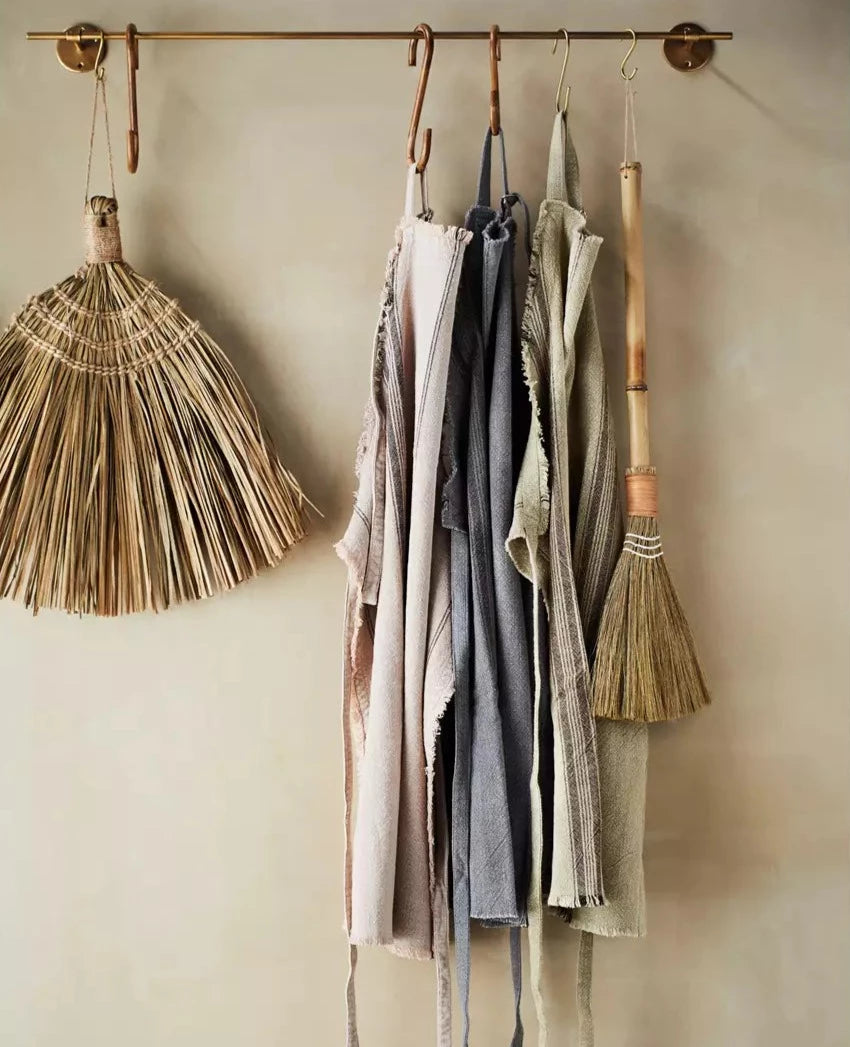 Striped Apron w/fringe | Dark Grey by MADAM STOLTZ (stonewashed-cotton-apron-w-stripes-fringe-grey-blk)