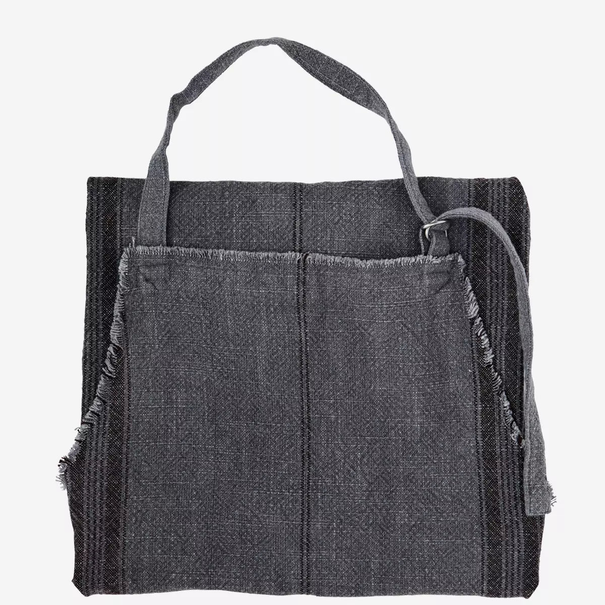 Striped Apron w/fringe | Dark Grey by MADAM STOLTZ (stonewashed-cotton-apron-w-stripes-fringe-grey-blk)