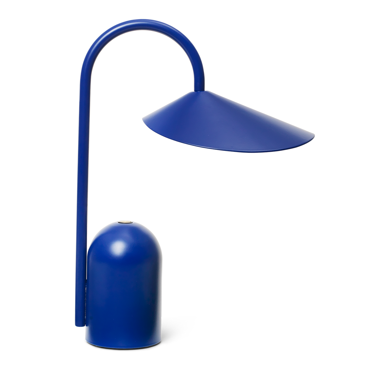 Arum portable Blue table lamp with curved arm on a white background