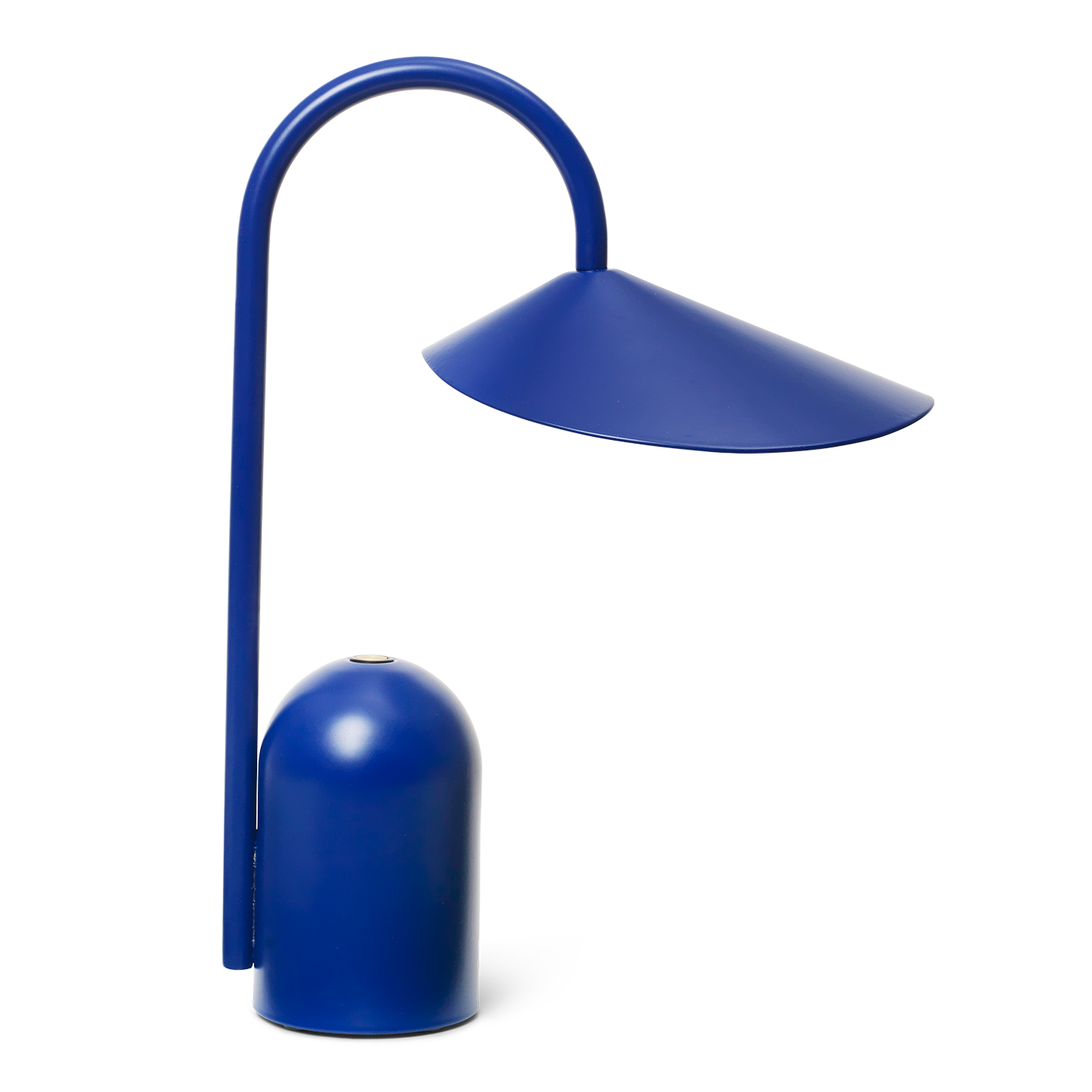 Arum portable Blue table lamp with curved arm on a white background
