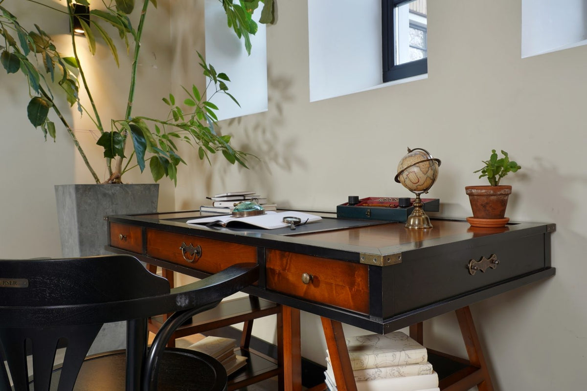 Navigators Solid Timber Desk, Black with Distressed Honey French Finish by AUTHENTIC MODELS (navigators-solid-timber-desk-black-with-distressed-honey-french-finish-1)