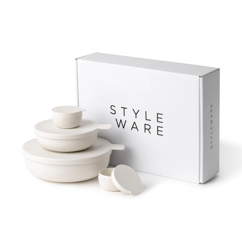 Set of white ceramic bowls with a 'STYLE WARE' box on a white background