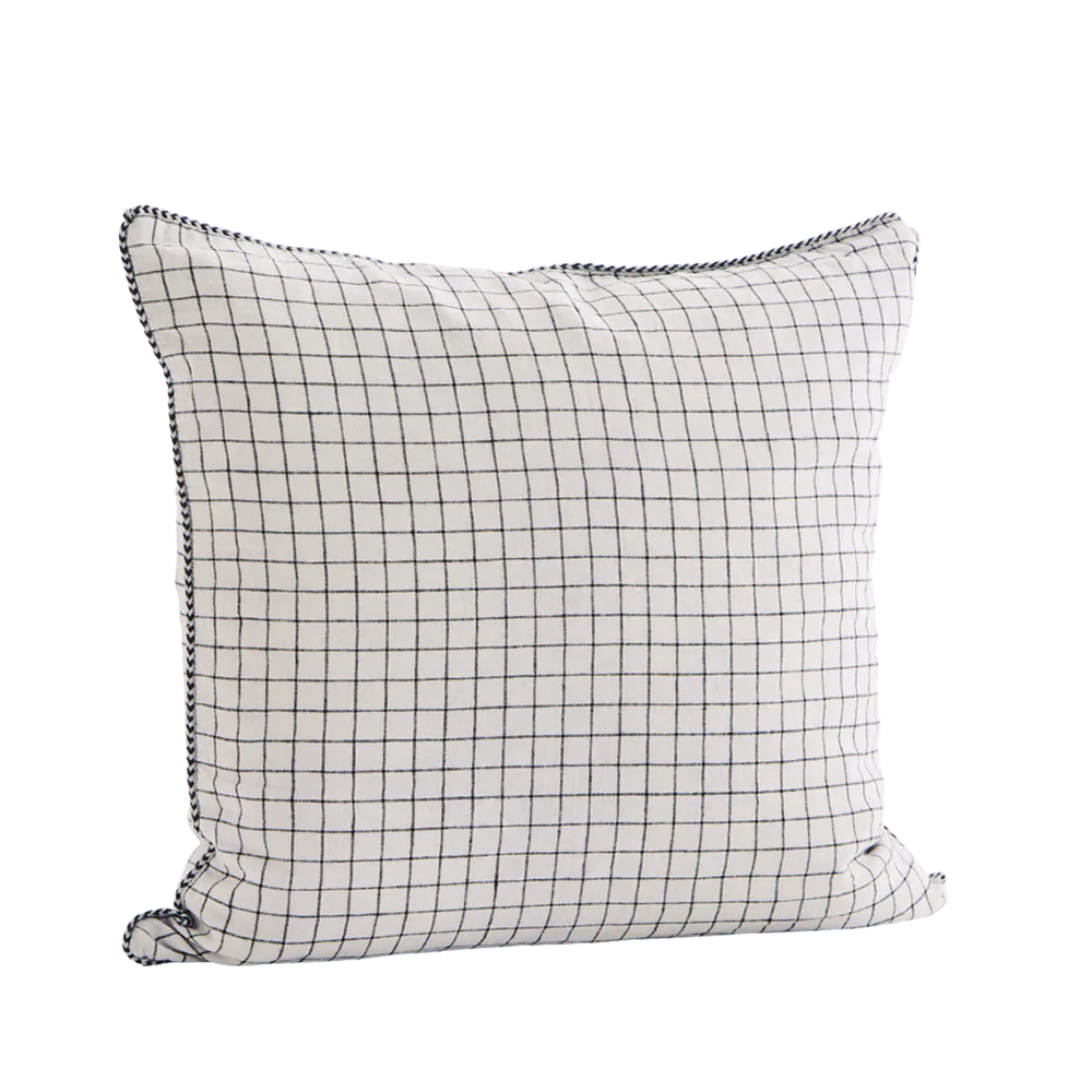 Checked Linen Cushion Cover | Silver Cloud/Black by MADAM STOLTZ (madam-stoltz-checked-linen-cushion-cover-silver-cloud-black)