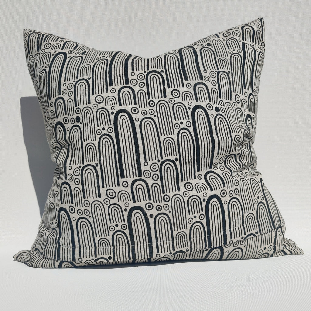 Enchanted Forest Spirit Rock Linen Cushion | Natural/Black