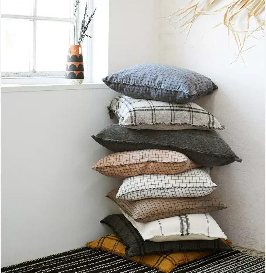 Checked Linen Cushion Cover | Taupe/Black by MADAM STOLTZ (madam-stoltz-checked-linen-cushion-cover-w-fringe-taupe-black)