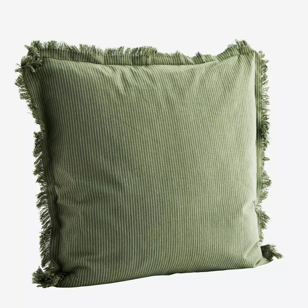 Pinstriped Cushion Cover w/Fringe- Jade/Light Grey