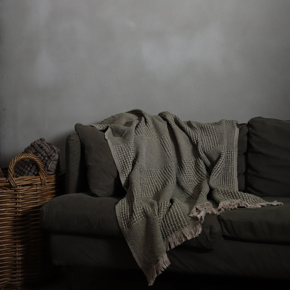Duello Waffle Throw | Army Green by ANZA TEXTILE COMPANY (anza-duello-waffle-throw-army-green)